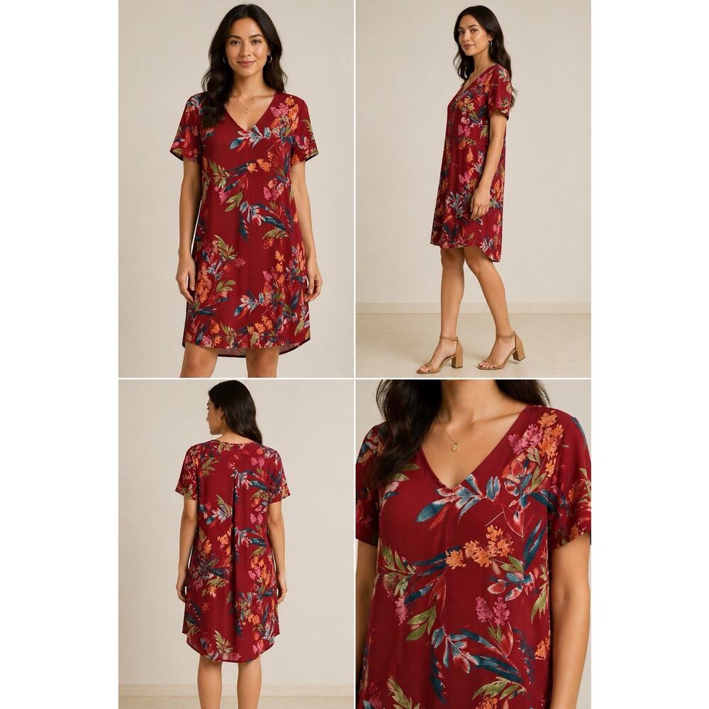 Christian Siriano Red Floral V-Neck High-Low Knit Shift Dress Size XL Summer